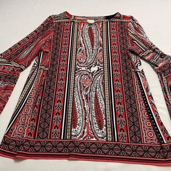 Chicos Boho Paisley Stretch Orange Red Bell Sleeve Blouse Top Size 2 US Large - Picture 4 of 11